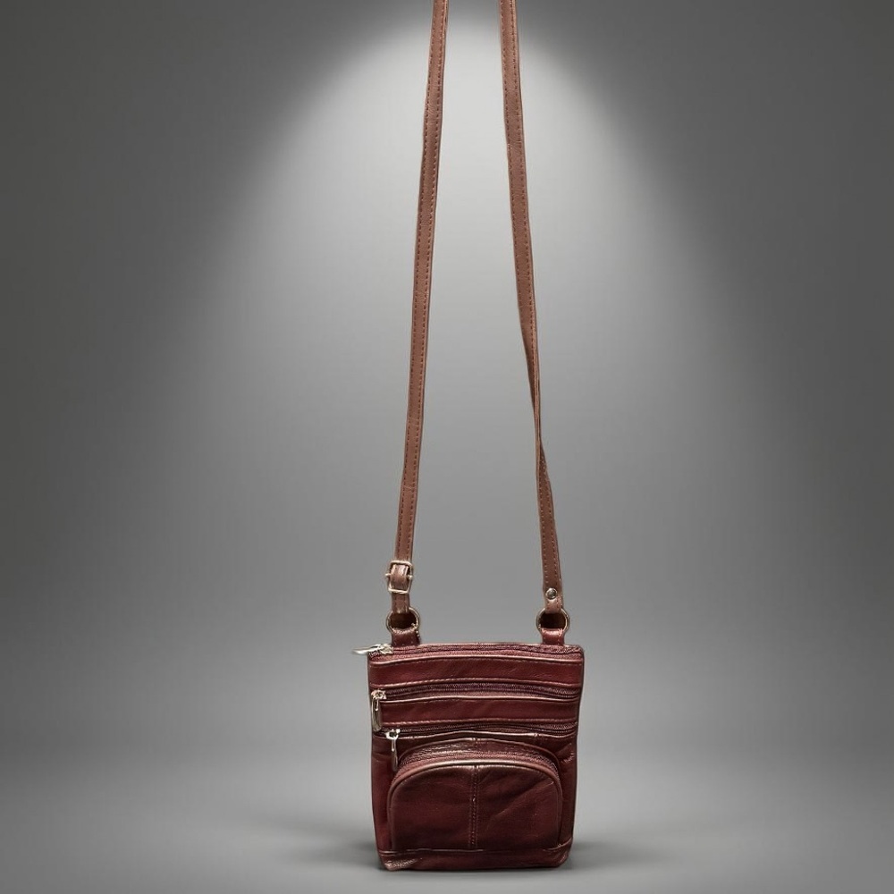 Real leather handcrafted Elegant Brown Crossbody Bag 8x7in with 5 zipper spaces